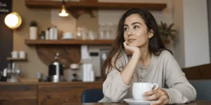 Young woman in a cozy café, resting her chin on her hand while thoughtfully gazing away, holding a cup of coffee.